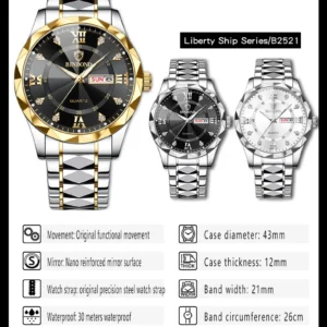 BINBOND Men’s Luxury Waterproof Quartz Watch – Week & Date Sport Wristwatch