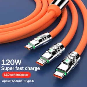 120W Super Fast Charge 3-in-1 Liquid Silicone Charging Cable – Type-C, iPhone, Android